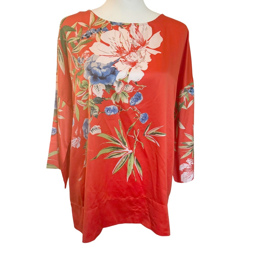 Soft Surroundings Tunic Women M Orange Floral Satin Dolman Sleeve Boho Coastal